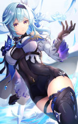 Rule 34 | 1girl, bare shoulders, black gloves, blue hair, blue necktie, bodystocking, boots, breasts, cape, center opening, covered navel, eula (genshin impact), fukuzawa yukichi (egoist867), genshin impact, gloves, hair ornament, highres, leotard, long sleeves, looking at viewer, medium breasts, medium hair, necktie, parted lips, purple eyes, solo, thigh boots, thigh strap, thighhighs, wide sleeves