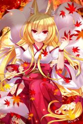 Rule 34 | 1girl, 2015, :d, animal ears, autumn leaves, bad id, bad pixiv id, bare shoulders, blonde hair, blurry, bow, breasts, dated, depth of field, detached sleeves, falling leaves, felicia-val, flower, fox, fox ears, fox tail, hair between eyes, hakama, hakama short skirt, hakama skirt, hip vent, holding, japanese clothes, kimono, knee up, leaf, light particles, long hair, long sleeves, looking at viewer, low-tied long hair, medium breasts, multiple tails, open mouth, original, red bow, red eyes, red hakama, signature, sitting, skirt, sleeveless, sleeveless kimono, smile, solo, tail, underbust, very long hair, white kimono, wide sleeves, wristband