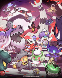 Rule 34 | :d, bright pupils, chandelure, closed eyes, closed mouth, commentary, creatures (company), dragapult, fangs, fuecoco, game freak, gen 1 pokemon, gen 2 pokemon, gen 3 pokemon, gen 5 pokemon, gen 6 pokemon, gen 8 pokemon, gengar, gimmighoul, grin, halloween, highres, houndstone, kelvin-trainerk, misdreavus, nintendo, no humans, open mouth, pikachu, pink eyes, pokemon, pokemon (creature), quaxly, shedinja, shuppet, sinistcha, smile, sprigatito, standing, teeth, trevenant, twitter username, walking, white pupils, yamask