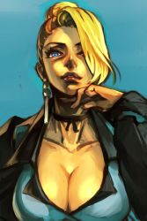 Rule 34 | 1girl, blonde hair, blue eyes, breasts, choker, cleavage, earrings, eyepatch, hair bun, hair over one eye, hungry clicker, jewelry, large breasts, mature (kof), red hair, short hair, single hair bun, snk, solo, the king of fighters