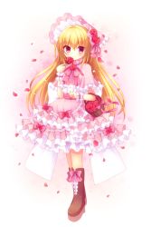 Rule 34 | 1girl, bad id, bad pixiv id, blonde hair, blush, boots, bow, brown footwear, capelet, closed mouth, commentary request, dress, flower, flower basket, frilled capelet, frills, hair between eyes, himetsuki luna, holding, holding flower, long hair, looking at viewer, original, petals, pink bow, pink capelet, pink dress, platform footwear, red eyes, red flower, red rose, rose, smile, solo, standing, very long hair