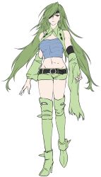 Rule 34 | 1girl, asrbpy, belt, boots, breasts, cleavage, creatures (company), detached sleeves, earrings, eyepatch, flat color, full body, game freak, gen 2 pokemon, green eyes, green footwear, green hair, green shorts, hair over one eye, highres, jewelry, long hair, looking at viewer, midriff, navel, nintendo, personification, pokemon, short shorts, shorts, small breasts, spiked boots, standing, thigh boots, thighhighs, tyranitar