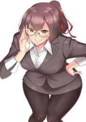 Rule 34 | 10s, 1girl, adjusting eyewear, alternate costume, bespectacled, bifidus, black pantyhose, blouse, breasts, brown eyes, brown hair, female focus, formal, glasses, grin, hand on own hip, ise (kancolle), jacket, kantai collection, large breasts, leaning forward, miniskirt, office lady, pantyhose, pencil skirt, ponytail, shirt, skirt, skirt suit, sleeve cuffs, smile, solo, suit, unbuttoned, white shirt