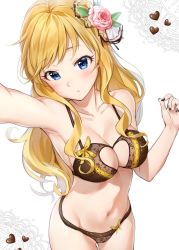 Rule 34 | 1girl, armpits, bare shoulders, blonde hair, blue eyes, blush, bow, bra, breasts, brown bra, brown panties, candy, chocolate, chocolate heart, cleavage, cleavage cutout, clothing cutout, collarbone, flower, food, hair flower, hair ornament, hand up, heart, heart cutout, highres, hip focus, idolmaster, idolmaster cinderella girls, large breasts, long hair, looking at viewer, navel, ohtsuki yui, open mouth, panties, reaching, reaching towards viewer, selfie, sidelocks, solo, swept bangs, takeashiro, thighs, underwear, underwear only, wavy hair, white background