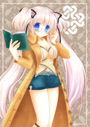 Rule 34 | 1girl, adjusting eyewear, black ribbon, blue eyes, blue shorts, book, breasts, buttons, cleavage, closed mouth, coat, fingernails, glasses, grey-framed eyewear, hair ribbon, hands up, holding, holding book, jewelry, long hair, long sleeves, mabinogi, medium breasts, nao (mabinogi), neck ring, official alternate costume, open book, open clothes, open coat, ribbon, round eyewear, shararan, shorts, smile, solo, standing, twintails, unbuttoned, very long hair, white hair, yellow coat
