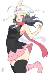 Rule 34 | +++, 1girl, :d, arm up, beanie, black hair, black shirt, black thighhighs, blush, boots, commentary request, creatures (company), dawn (pokemon), fang, floating hair, game freak, grey eyes, hair ornament, hairclip, hand up, hat, heart, highres, long hair, nintendo, one eye closed, open mouth, pink footwear, pink scarf, pink skirt, pokemon, pokemon dppt, ririmon, scarf, shirt, skirt, sleeveless, sleeveless shirt, smile, solo, thighhighs, white background, white hat