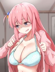Rule 34 | 1girl, aqua bra, blue eyes, blush, bocchi the rock!, bra, breasts, cleavage, cube hair ornament, embarrassed, gotoh hitori, hair between eyes, hair ornament, highres, indoors, jacket, large breasts, long hair, long sleeves, minorun9, navel, one side up, open clothes, open jacket, open mouth, pink hair, pink jacket, solo, tearing up, underwear, undressing, upper body