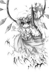 Rule 34 | 1girl, collared shirt, female focus, fingernails, flandre scarlet, greyscale, hair between eyes, hat, kurona, looking at viewer, mob cap, monochrome, sharp fingernails, shirt, simple background, smile, solo, touhou, white background