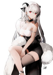 Rule 34 | 1girl, anklet, armlet, bare shoulders, black dress, black thighhighs, breasts, cleavage, closed mouth, dress, duplicate, feather boa, hair ornament, haori io, highres, horns, jewelry, long hair, medium breasts, original, pixel-perfect duplicate, red eyes, silver hair, simple background, single thighhigh, sitting, solo, thighhighs, thighs, white background