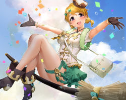 Rule 34 | 1girl, absurdres, bag, black footwear, black gloves, blue sky, boots, bracelet, breasts, broom, broom riding, brown hair, cloud, commentary request, gloves, green skirt, highres, jewelry, koizumi hanayo, legs, looking at viewer, love live!, love live! school idol project, medium breasts, nakano maru, open mouth, outstretched arms, purple eyes, sitting, skirt, sky, solo, thighs, twitter username