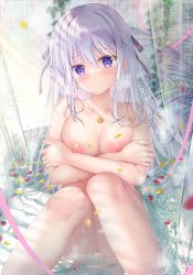 Rule 34 | 1girl, absurdres, bare shoulders, bath, bathing, bathroom, bathtub, blush, breasts, closed mouth, collarbone, crossed arms, day, earrings, feet out of frame, hair between eyes, hair ribbon, highres, hiiragi asuka (twinbox), jewelry, knees together feet apart, large breasts, long hair, looking at viewer, mole, mole under eye, necklace, nipples, nude, original, partially submerged, petals, petals on liquid, pink ribbon, plant, purple eyes, pussy, ribbon, silver hair, sitting, smile, solo, sousouman, steam, tile wall, tiles, twinbox school, uncensored, water, wet
