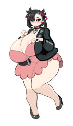 Rule 34 | 1girl, black footwear, breasts, creatures (company), curvy, desgardes, full body, game freak, high heels, highres, huge breasts, marnie (pokemon), nintendo, pokemon, pokemon swsh, self-upload, shoes, simple background, smile, solo, standing, thick thighs, thighs, wide hips