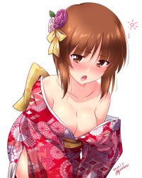 Rule 34 | 1girl, areola slip, artist name, bare shoulders, blush, breasts, brown eyes, brown hair, cleavage, collarbone, dated, drunk, flower, girls und panzer, hair flower, hair ornament, highres, japanese clothes, kimono, kuzuryuu kennosuke, large breasts, looking at viewer, nishizumi miho, no bra, open mouth, shiny skin, short hair, simple background, solo, squeans, tongue, white background, yukata