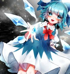 Rule 34 | 1girl, black background, blue bow, blue dress, blue eyes, blue hair, bow, bowtie, cirno, clothes lift, collared shirt, cowboy shot, cryokinesis, dress, dress lift, dutch angle, fangs, frilled shirt collar, frilled sleeves, frills, frost, hair bow, highres, ice, ice wings, light blush, looking at viewer, medium dress, medium hair, open mouth, outstretched hand, pleated dress, puffy short sleeves, puffy sleeves, red bow, red bowtie, shirt, short sleeves, sleeveless, sleeveless dress, smile, solo, sparkling eyes, suzune hapinesu, touhou, wavy eyebrows, white shirt, wings