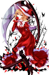 Rule 34 | 1girl, absurdres, apple, arm behind back, bad id, bad pixiv id, blonde hair, boots, bug, butterfly, covered mouth, dress, elly (touhou), food, fruit, hair between eyes, hat, high heel boots, high heels, highres, holding, holding food, holding fruit, insect, juliet sleeves, long sleeves, looking at viewer, puffy sleeves, red dress, red eyes, scythe, sheya, short hair, solo, touhou, touhou (pc-98), white background, white hat