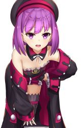 Rule 34 | 1girl, bad id, bad pixiv id, bare shoulders, black thighhighs, blush, detached sleeves, fate/grand order, fate (series), flat chest, hat, helena blavatsky (fate), helena blavatsky (third ascension) (fate), leaning forward, looking at viewer, open mouth, pinta (ayashii bochi), purple eyes, purple hair, sefirot, short hair, smile, solo, strapless, thighhighs