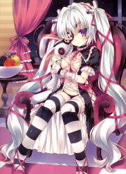 Rule 34 | 1girl, absurdres, any (trueblue), between breasts, black panties, black thighhighs, breasts, center opening, chair, curtains, eyepatch, fruit bowl, grey hair, highres, lolita fashion, nail polish, necktie, necktie between breasts, no bra, panties, purple eyes, striped clothes, striped thighhighs, stuffed animal, stuffed rabbit, stuffed toy, table, thighhighs, twintails, underwear, white background, window