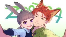 Rule 34 | 1boy, 1girl, :d, :t, ahoge, animal ears, artist name, bachi chan, blunt bangs, blurry, blush, cheek-to-cheek, collared shirt, copyright name, depth of field, disney, dress shirt, eyebrows, fox ears, gradient background, green background, green eyes, green shirt, grey hair, half-closed eyes, hand on another&#039;s neck, heads together, judy hopps, long hair, long sleeves, looking at viewer, nick wilde, open mouth, parted bangs, personification, police, police uniform, policewoman, purple eyes, rabbit ears, reaching, reaching towards viewer, red hair, round teeth, selfie, shirt, smile, taking picture, teeth, uniform, upper body, zootopia