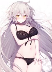Rule 34 | 1girl, black bra, black panties, blush, bra, breast hold, breasts, choker, cleavage, closed mouth, cowboy shot, fate/grand order, fate (series), frown, jeanne d&#039;arc (fate), jeanne d&#039;arc alter (avenger) (fate), jeanne d&#039;arc alter (fate), large breasts, long hair, looking at viewer, miko (royal milk), multi-strapped panties, navel, panties, silver hair, solo, thigh gap, underwear, underwear only, very long hair, yellow eyes