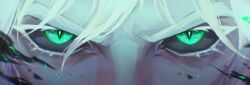 Rule 34 | 1boy, absurdres, black sclera, close-up, colored sclera, colored skin, eye focus, glowing, glowing eyes, green eyes, grey hair, highres, league of legends, looking at viewer, neofox67, straight-on, viego (league of legends)
