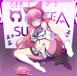 Rule 34 | 1girl, :q, absurdres, ahoge, animal ear headphones, animal ears, bang dream!, bare shoulders, black collar, blue eyes, blush, bodystocking, breasts, cage unlimited, cat ear headphones, cat tail, cleavage, collar, commentary request, condom, covered collarbone, cropped jacket, dripping, fake animal ears, full body, glowstick, group name, hair between eyes, headphones, highres, jacket, kneehighs, leg up, leg warmers, lifted by self, long hair, looking at viewer, midriff, multiple condoms, navel, off shoulder, open fly, panties, partially unzipped, red hair, shaded face, shadow, short shorts, short sleeves, shorts, sidelocks, sitting, small breasts, smile, socks, solo, stomach, tail, tally, tamade chiyu, tongue, tongue out, underwear, used condom, white jacket, white shorts, white socks, yellow panties