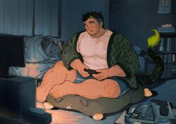 Rule 34 | arm hair, bara, barefoot, black hair, blue shorts, bookshelf, chinstrap beard, concentrating, controller, covered erect nipples, dragon boy, dragon tail, facial hair, fat, fat man, full body, green eyes, green hair, green robe, highres, holding, holding controller, indoors, large pectorals, magazine (object), male focus, mullet, multicolored hair, muscular, muscular male, original, pectorals, robe, shan (shanshankuo), shirt, shorts, single off shoulder, sitting, solo, streaked hair, tail, television, thick eyebrows, thick thighs, thighs, tissue box, tongue, tongue out, undercut, white shirt