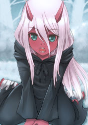 Rule 34 | 10s, absurdres, bandaged leg, bandages, colored skin, darling in the franxx, demon girl, hair between eyes, highres, horns, long hair, open mouth, pink hair, red skin, sawwei005, sharp teeth, sitting, solo, spoilers, straight hair, teeth, very long hair, wariza, aged down, zero two (darling in the franxx)