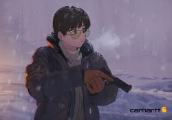 Rule 34 | 1boy, aviator sunglasses, brown gloves, brown hair, carhartt, commentary, english commentary, gloves, grey eyes, grey jacket, gun, handgun, highres, holding, holding gun, holding weapon, jacket, long sleeves, m1911, male focus, monamin, open clothes, open jacket, original, outdoors, parted lips, short hair, snowing, solo, sunglasses, sweater, tree, turtleneck, turtleneck sweater, upper body, weapon, white sweater