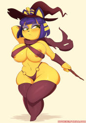 Rule 34 | 1girl, blue hair, breasts, cat girl, animal crossing, covered erect nipples, furry, halloween, hat, highres, hotkeke, ankha (animal crossing), nintendo, scarf, short hair, thighhighs, witch hat