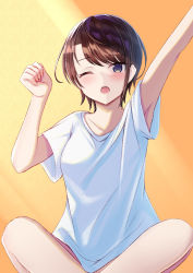 Rule 34 | 1girl, ;o, absurdres, alternate costume, arm up, armpit peek, blush, breasts, brown hair, butterfly sitting, collarbone, commentary request, feet out of frame, hand up, highres, hololive, looking at viewer, medium hair, natsuki (natukituki), no pants, one eye closed, oozora subaru, open mouth, orange background, shadow, shirt, short sleeves, sidelocks, sitting, solo, stretching, swept bangs, virtual youtuber, waking up, white shirt