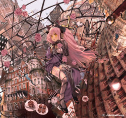 Rule 34 | 1girl, animal ears, asymmetrical legwear, book, bookshelf, cat ears, cover, flower, food, fork, garter straps, headphones, heart, heart-shaped pupils, holding, house, john hathway, long hair, microphone, mismatched legwear, mouseboy, mousegirl, open book, original, pastry, pink hair, plate, rabbit, rose, saucer, scenery, solo, striped clothes, striped thighhighs, surreal, symbol-shaped pupils, thighhighs, uneven legwear, vertical-striped clothes, vertical-striped thighhighs, white thighhighs, window, yellow eyes