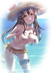 Rule 34 | 1girl, absurdres, artist name, artist request, bikini, bikini skirt, blush, breasts, brown eyes, brown hair, closed mouth, female focus, flower, hair between eyes, hair ornament, hairclip, hands on own chest, hat, hat flower, highres, kunikida hanamaru, large breasts, leaning forward, light brown hair, long hair, looking at viewer, love live!, love live! sunshine!!, navel, ocean, parted lips, pasties, signature, smile, solo, standing, swimsuit, topless, wading, water, wet, x hair ornament, yellow eyes