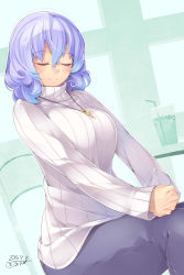 Rule 34 | 1girl, absurdres, alternate costume, bendy straw, blue hair, blush, breasts, cup, drinking straw, closed eyes, female focus, gradient hair, highres, kokka han, large breasts, letty whiterock, multicolored hair, pants, purple hair, ribbed sweater, short hair, sitting, smile, solo, sweater, touhou, turtleneck, two-tone hair