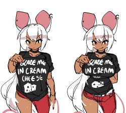 Rule 34 | 1girl, absurdres, animal ears, arm behind back, baggy clothes, black choker, black nails, breasts, choker, clothes writing, commentary, dark skin, ear piercing, english commentary, english text, fuck-me shirt, highres, huge breasts, licking lips, long hair, looking at viewer, meme, meme attire, mouse ears, mouse girl, multiple views, nail polish, narrow waist, original, pajamas challenge, piercing, print shirt, pulled by self, red eyes, red legwear, red nails, shirt, sweat, t-shirt, taut clothes, taut shirt, tongue, tongue out, very long hair, white hair, zanamaoria