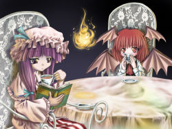 Rule 34 | 2girls, aozora market, blunt bangs, chair, demon girl, duplicate, embodiment of scarlet devil, expressionless, female focus, fire, fire, hat, head wings, koakuma, looking at viewer, mob cap, multiple girls, patchouli knowledge, reading, table, tablecloth, tea, touhou, upper body, wings