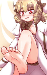 Rule 34 | 1girl, akabashi yuusuke, barefoot, blonde hair, blush, drill hair, embarrassed, feet, foot focus, from below, highres, luna child, pov, red eyes, soles, toes, touhou