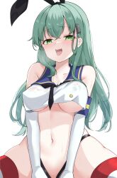 Rule 34 | 1girl, absurdres, aqua eyes, aqua hair, black hairband, black neckerchief, black panties, blush, breasts, calin, cosplay, crop top, elbow gloves, gloves, hair ornament, hairband, hairclip, heavy breathing, highleg, highleg panties, highres, kantai collection, long hair, looking at viewer, medium breasts, navel, neckerchief, open mouth, panties, sailor collar, shimakaze (kancolle), shimakaze (kancolle) (cosplay), solo, striped clothes, striped thighhighs, suzuya (kancolle), thighhighs, thong, underwear, white background, white gloves
