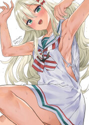 Rule 34 | 1girl, arm up, armpits, blonde hair, blush, breasts, dress, grecale (kancolle), green eyes, hair between eyes, highres, kantai collection, long hair, looking at viewer, mizuta kenji, neckerchief, one-hour drawing challenge, open mouth, sailor collar, sailor dress, sideboob, signature, simple background, sleeveless, sleeveless dress, small breasts, solo, striped, striped neckerchief, twitter username, white background, white dress
