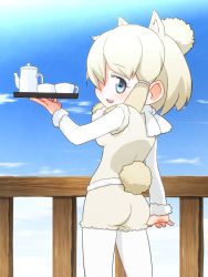 Rule 34 | 10s, 1girl, :d, alpaca ears, alpaca suri (kemono friends), alpaca tail, animal ears, ass, blue eyes, blue sky, commentary request, cup, day, extra ears, fur collar, fur trim, hair over one eye, highres, horizontal pupils, kemono friends, open mouth, outdoors, railing, sat-c, short hair, sky, smile, solo, tail, tray, white hair, white legwear