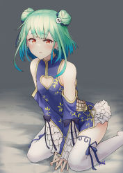 Rule 34 | 1girl, absurdres, bare shoulders, blue sleeves, blush, chinese clothes, cleavage cutout, clothing cutout, cosplay, detached sleeves, double bun, dress, earrings, embarrassed, frilled sleeves, frills, green hair, hair bun, hair ornament, heart cutout, highres, hololive, inuyama tamaki, inuyama tamaki (cosplay), jewelry, jtleeklm, kneeling, lace-up thighhighs, looking at viewer, noripro, on bed, open mouth, raised eyebrows, red eyes, short dress, side cutout, sidelocks, skull earrings, skull hair ornament, solo, thighhighs, uruha rushia, virtual youtuber, white thighhighs, wide sleeves