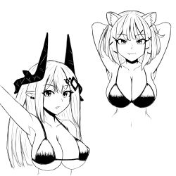 Rule 34 | 2girls, animal ears, arknights, arm up, armpits, arms up, bare shoulders, bikini, breasts, collarbone, commentary, cropped torso, english commentary, eyelashes, fang, fang out, greyscale, highres, horns, kentumatsu, large breasts, long hair, looking at viewer, monochrome, mudrock (arknights), multiple girls, parted lips, pointy ears, simple background, skin fang, swimsuit, upper body, utage (arknights), white background