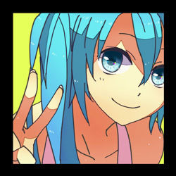 Rule 34 | 1girl, bare shoulders, blue eyes, blue hair, border, close-up, fingernails, green background, hair between eyes, happy, hatsune miku, looking at viewer, lowres, mohi (neku re), shaded face, shirt, simple background, sleeveless, smile, solo, solo focus, twintails, upper body, v, vocaloid, white shirt