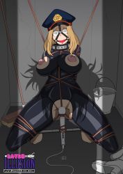 Rule 34 | 10s, 2girls, argrim, bdsm, blonde hair, bodysuit, boku no hero academia, bondage, bound, breasts, character cutout, feet, gagged, gimp suit, hat, highres, hitachi magic wand, indoors, large breasts, latex, latex bodysuit, multiple girls, nipple cutout, nipples, peril, restrained, rope, scared, sex toy, shadow, spread legs, spreader bar, squatting, toga himiko, torn bodysuit, torn clothes, utsushimi kemii, vibrator, watermark, wide-eyed, you gonna get raped