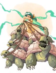 Rule 34 | 1girl, ahoge, aqua hair, character request, colored skin, commentary, copyright request, english commentary, fangs, floop249, green skin, highres, holding, holding leash, leash, long hair, open mouth, purple eyes, shell, skin fangs, solid circle eyes, standing, tortoise, turtle, v-shaped eyebrows, white background