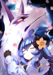Rule 34 | 1girl, absurdres, ahoge, alternate eye color, alternate hair color, artist request, blue hair, bow, cherry blossoms, closed eyes, eyeshadow, flower, gloves, hair between eyes, hair bow, hair flower, hair ornament, highres, horns, hug, kindred (league of legends), lamb (league of legends), league of legends, makeup, official alternate costume, official alternate hairstyle, sheep horns, spirit blossom kindred, twintails, wolf (league of legends)
