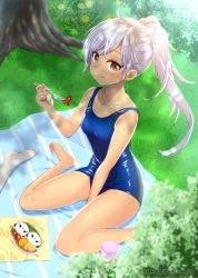 Rule 34 | 1girl, barefoot, bento, blue one-piece swimsuit, breasts, commentary request, day, food, food art, grass, highres, long hair, looking at viewer, minamoto (mutton), minamoto mamechichi, one-piece swimsuit, original, outdoors, ponytail, red eyes, school swimsuit, silver hair, sitting, small breasts, smile, solo focus, swimsuit, tako-san wiener, tan, tree, wariza