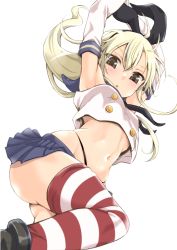 Rule 34 | 10s, 1girl, :o, armpits, arms up, blonde hair, blush, brown eyes, crop top, crop top overhang, elbow gloves, gloves, kantai collection, kimura neito, long hair, looking at viewer, midriff, navel, shimakaze (kancolle), simple background, skindentation, skirt, solo, striped clothes, striped thighhighs, thighhighs, thighs, white background, white gloves