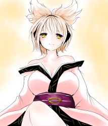 Rule 34 | 1girl, bare shoulders, blonde hair, blush, breasts, cleavage, earmuffs, female focus, han (jackpot), japanese clothes, kimono, large breasts, crossed legs, light smile, obi, off shoulder, sash, short hair, smile, solo, touhou, toyosatomimi no miko