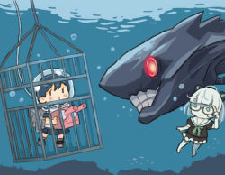 Rule 34 | 2girls, abyssal plum princess, abyssal ship, adapted turret, ahoge, black hair, black skirt, cannon, character name, commentary request, fish, kantai collection, long hair, machinery, multiple girls, pleated skirt, saiguchi otoufu, school uniform, serafuku, shark cage, skirt, turret, underwater, ushio (kancolle)