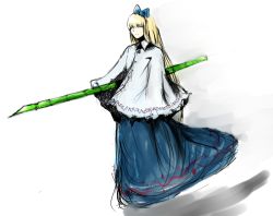 Rule 34 | 1girl, bad id, bad pixiv id, bamboo, blonde hair, blue eyes, female focus, full body, polearm, ribbon, shanghai doll, solo, spear, standing, touhou, un-known (ninesix), weapon, white background